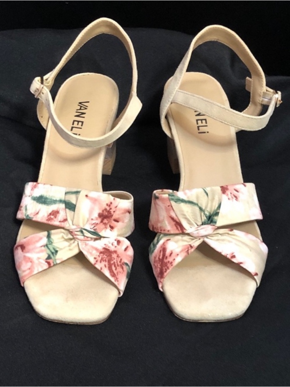 Vaneli Beige Floral Knot Front Block Heel Sandals - Picture 2 of 3
